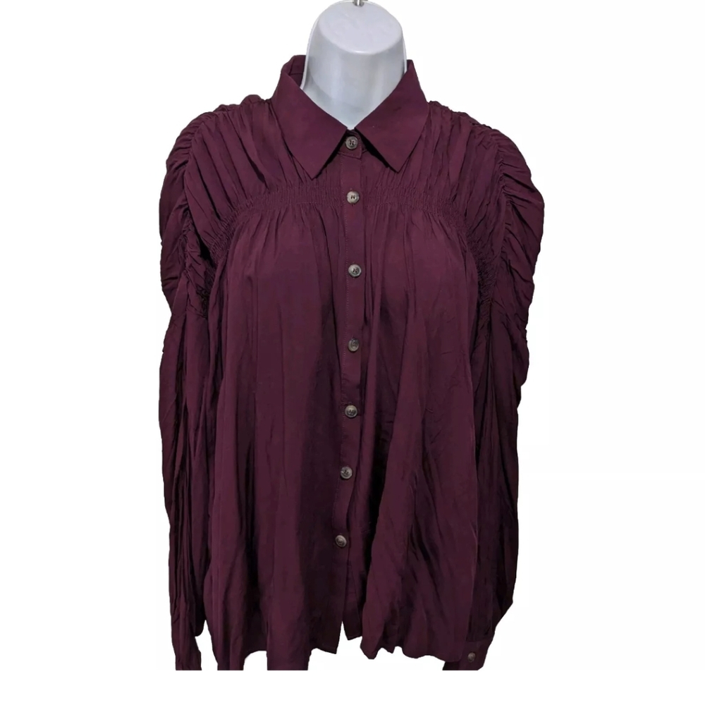 NWT Andree By Unit Ruched Babydoll Button Down Shirt Blouse Top M #2084
